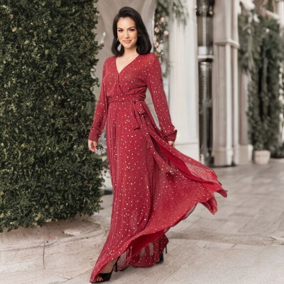 Unique Vintage Red & Silver Stars Farrah Maxi Dress V-Neck Sheer Holiday Gown - Picture 2 of 10